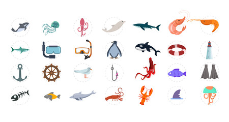 sea flat icon set with sea animals, shark, scuba mask, shrimp. fish, ship, crayfish, dolphin, whale, killer whale, jelly fish