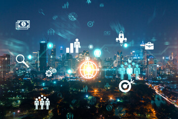 Research and technological development glowing icons. Night panoramic city view of Bangkok. Concept of innovative activities expanding new services or products in Asia. Double exposure.