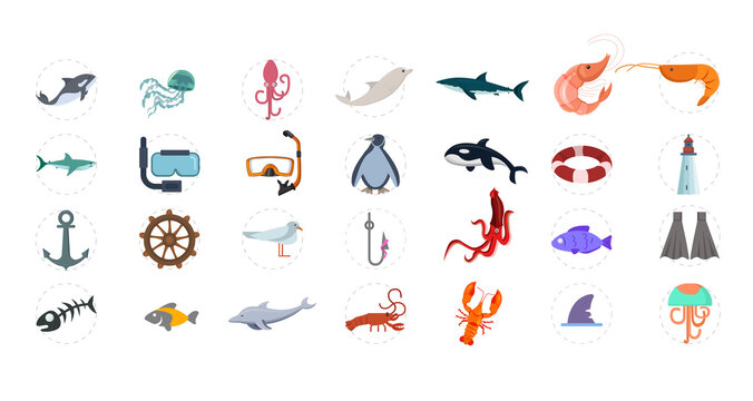 sea flat icon set with sea animals, shark, scuba mask, shrimp. fish, ship, crayfish, dolphin, whale, killer whale, jelly fish