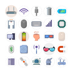 technology flat icon set with 3d glasses, mobile network, computer, battery, wifi router, CPU, mouse