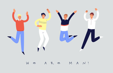 Set of young happy laughing boys jumping with raised hands in various poses. Joyful positive men rejoicing together, happiness, freedom, motion concept. Colored vector illustration with quote