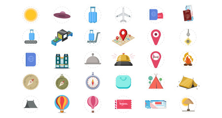 Traveling and transport Flat icon set with hotel, compass, maps, reception call, plane ticket, boarding pass, camping tent, hot air balloon