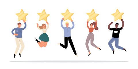 Happy people are holding 5 golden stars over the heads. Customer product or service  feedback, clients choices ratings and satisfaction review, user experience, assessment concept. Vector Illustration