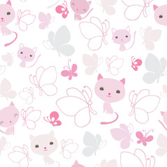 Vector fun cute pink cats and butterflies seamless pattern on white background. Great for fabric, textile, card, scrapbooking. Surface pattern design.
