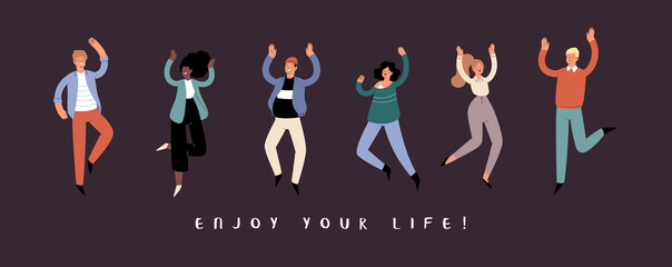 Set of young happy laughing people jumping with raised hands in various poses. Joyful positive men and women rejoicing together, happiness, freedom, motivation concept. Colored vector illustration