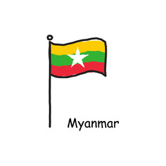 hand drawn sketchy Myanmar flag on the flag pole. three color flag . Stock Vector illustration isolated on white background.