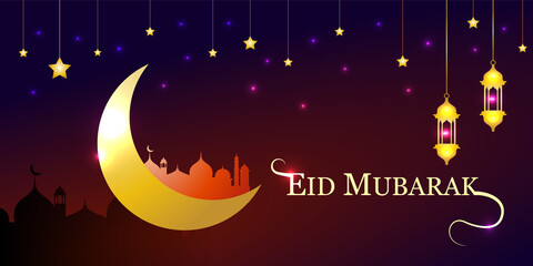 Fototapeta na wymiar Happy Eid Mubarak festive greeting card with moon and stars. Golden shiny background with lantern and mosque for brochure, flyer, poster, website banners and social media post.