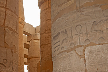 Hieroglyphic carvings on ancient egyptian temple columns