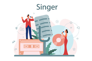 Female and male singer concept. Performer singing with microphone.