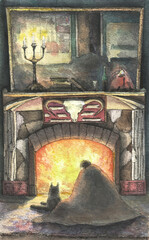 Evening by the fireplace with a dog in the old house, watercolor