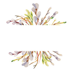Watercolor card with white border of spring twigs