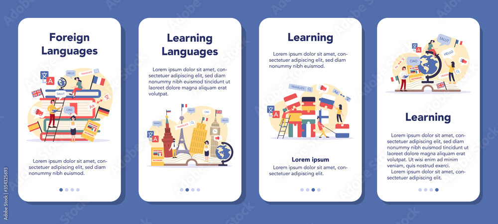 Poster language learning mobile application banner set. study foreign