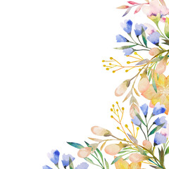 Watercolor illustration with delicate flowers hand-painted in yellow and blue tones. Perfect for wedding invitations, greeting cards