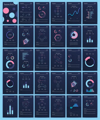 Modern infographic vector elements for business brochures. Use in website, corporate brochure, advertising and marketing. Pie charts, line graphs, bar graphs and timelines.