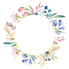 Watercolor wreath with flowers in pastel gentle tones