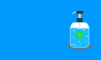 Obraz premium Flat icon cartoon alcohol gel in a pump plastic bottle are used for cleaning hands and preventing epidemics from virus covid-19 and germs with blue background vector.