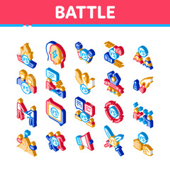 Battle Competition Icons Set Vector. Isometric Champion Battle, Box And Run Sport Championship, Chess And Karaoke, Loudspeaker And Sword Illustrations