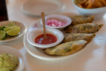 Empanadas - served with guacamole and lime - traditional Mexican/Argentinian food

