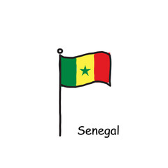 hand drawn sketchy Senegal flag on the flag pole. three color flag . Stock Vector illustration isolated on white background.