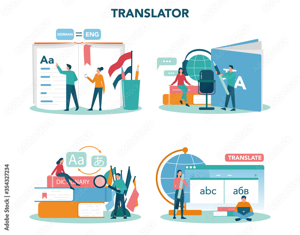 Poster translator and translation service concept set. polyglot translating