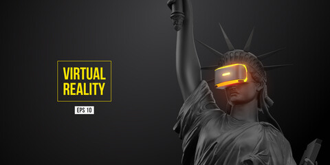 VR headset, future technology concept banner. 3d of the black statue of Liberty, woman wearing virtual reality glasses on black background. VR games. Vector illustration. Thanks for watching
