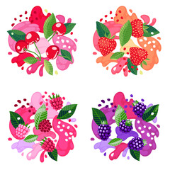 Set of berries on abstract background. Strawberry, raspberry, cherry and blackberry. Vector illustration - 354327285