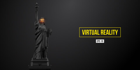 VR headset, future technology concept banner. 3d of the black statue of Liberty, woman wearing virtual reality glasses on black background. VR games. Vector illustration. Thanks for watching © matrosovv