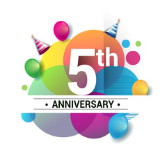 5th years anniversary logo, vector design birthday celebration with colorful geometric, Circles and balloons isolated on white background.