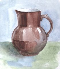 Brown Jug isolated painted with watercolors on blue background