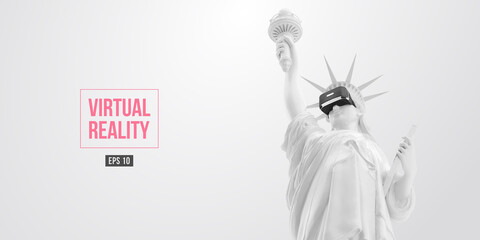VR headset, future technology concept banner. 3d of the white statue of Liberty, woman wearing virtual reality glasses on white background. VR games. Vector illustration. Thanks for watching