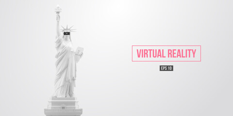 VR headset, future technology concept banner. 3d of the white statue of Liberty, woman wearing virtual reality glasses on white background. VR games. Vector illustration. Thanks for watching © matrosovv