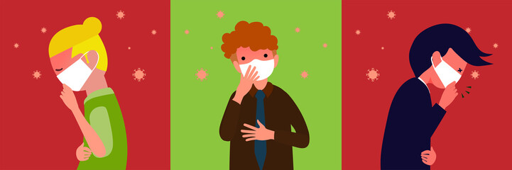 New normal behavior after covid-19, The concept of preventing coronavirus covid-19 infection,Set of man wearing mask and coughing,Virus germs spread in the air,Cute character,vector illustration