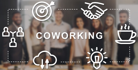 Successful business team in office, collage with word COWORKING and icons. Panorama