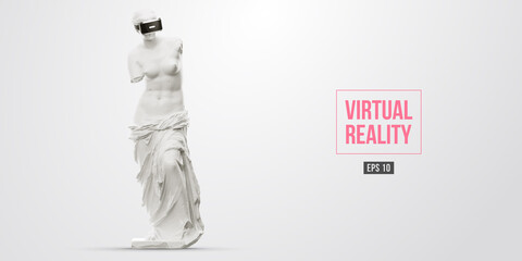 VR headset, future technology concept banner. 3d of the white statue of Venus, woman wearing virtual reality glasses on white background. VR games. Vector illustration. Thanks for watching © matrosovv