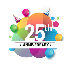 25th years anniversary logo, vector design birthday celebration with colorful geometric, Circles and balloons isolated on white background.