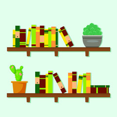 Vector flat illustration bookshelves with books and plants. Interior decor.