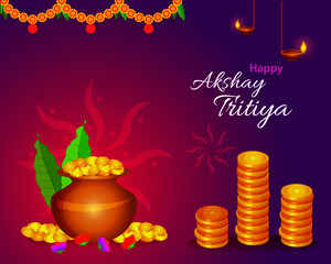 Happy Akshay Tritiya festival greeting layout with gold coins and kalash with decorative elements. Vector illustration.