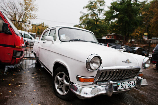 Tarnopol, Ukraine - October 09, 2016: Classic retro car white GAZ-21, second series of Volga, nickname Akula (Shark). Models from 1958-1962