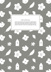 Plant pattern design for journal, diary, notebook cover. French gray background with leaves, flowers, and small house. Floral surface design