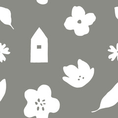 Abstract plants seamless pattern. French gray background with leaves, flowers and a small house. Surface design for wallpaper, paper, textile, stationery