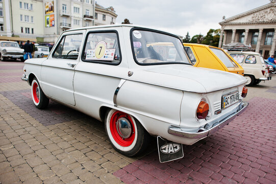 Tarnopol, Ukraine - October 09, 2016: Classic retro car white ZAZ Zaporozhets 968 designed and built from 1971-1980 at the ZAZ factory in Soviet Ukraine