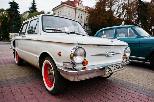 Tarnopol, Ukraine - October 09, 2016: Classic retro car white ZAZ Zaporozhets 968 designed and built from 1971-1980 at the ZAZ factory in Soviet Ukraine