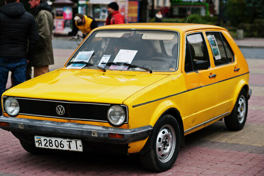 Tarnopol, Ukraine - October 09, 2016: Classic retro car yellow Golf Mk1, first-generation Golf , produced 1974&sbquo;&Auml;&igrave;1984