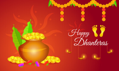 Happy Dhanteras festival greeting layout with gold coins and decorative elements. Vector illustration.
