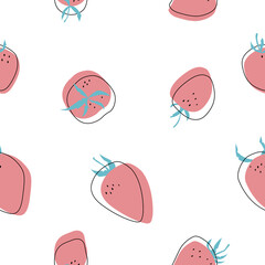 Strawberries outline vector seamless pattern for kids textile. Paper design on white.