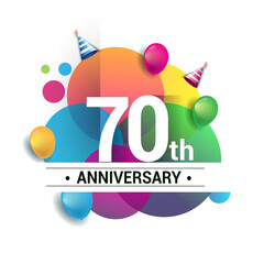 70th years anniversary logo, vector design birthday celebration with colorful geometric, Circles and balloons isolated on white background.
