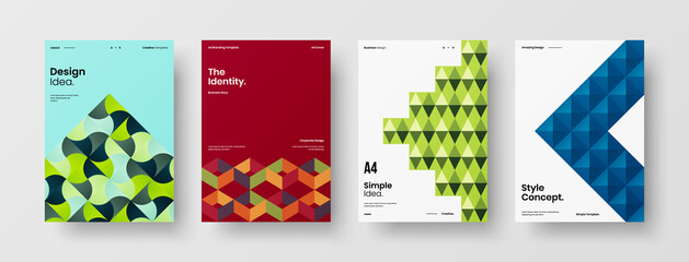 Fototapeta premium Company identity brochure template collection. Business presentation vector A4 vertical orientation front page mock up set. Corporate report cover abstract geometric illustration design layout bundle.