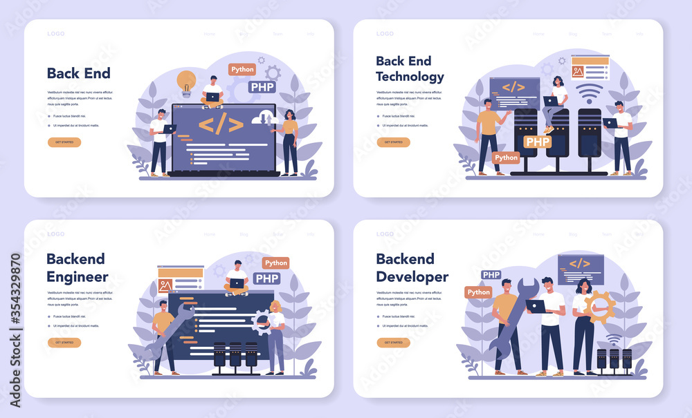 Aufkleber back end development web banner or landing page set. software