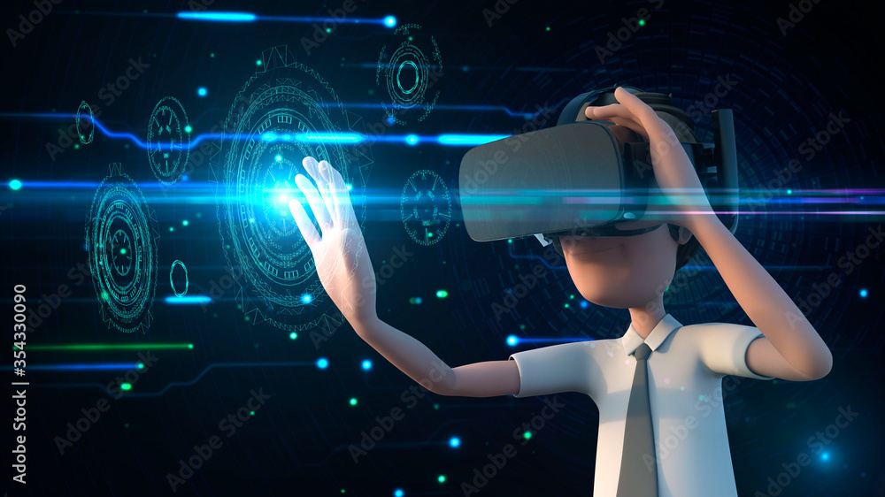 Poster 3d rendering man wear oculus simulation google and touch halogram digital effect include digital bac