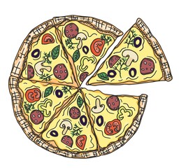 delicious italian thin-crust pizza. doodle sketch